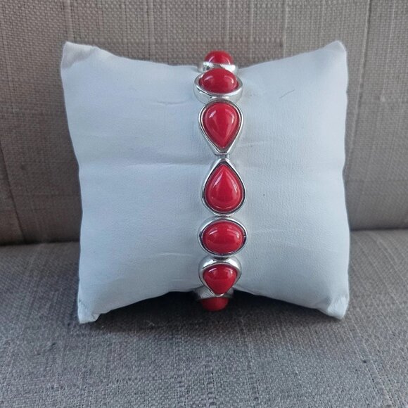 Christmas Bracelet Red Silver Tone Fashion Jewelry Stretched Wrist Band New Unb - Picture 5 of 11